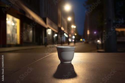 Coffee cup in the street at night. Side view. A coffee cup is on the table in front of an illuminated street light, AI Generated