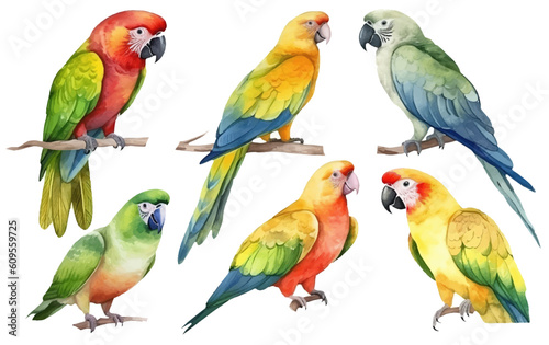 watercolor set illustration of parrot on a branch isolated on white background