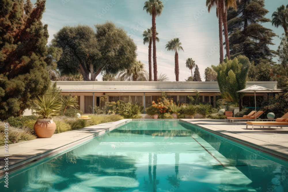 Fototapeta premium Ein Pool bei einer Villa in einer Stadt wie Los Angeles