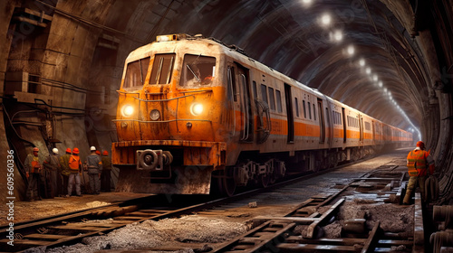 Train in an underground tunnel. Subway construction. Generative AI.