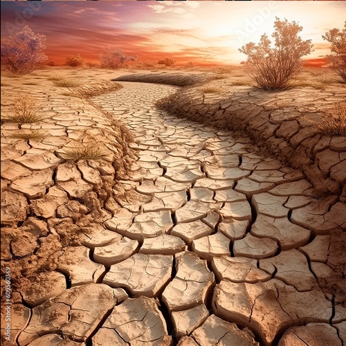  Dry soil in the desert. Conceptual image for climate change. Generative AI. 