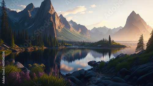 Stunning landscape river golden hour falls and mountains. Generative AI