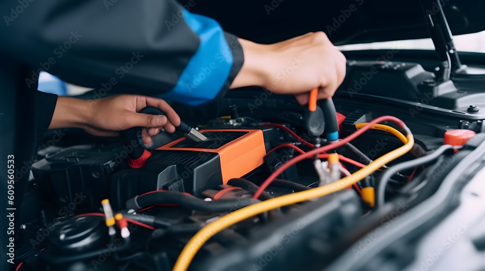 Technician Hands of car mechanic working repair in auto repair Service electric battery and Maintenance of car battery. Check the electrical system inside the car. Technician Hands of car mechanic working repair in auto repair Service electric battery and Maintenance of car battery. Check the electrical system inside the car.