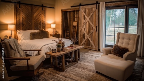 Bedroom decor, home interior design . Farmhouse Rustic style with Barn Door decorated with Wood and Wicker material . Generative AI AIG26. photo