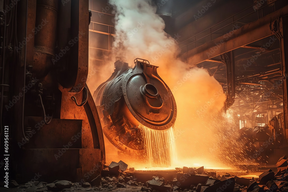 Steel making plant factory. Glow and Sparks produced while pouring of ...