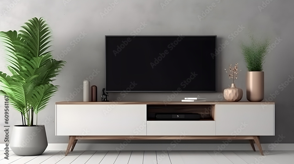 Television put on tv stand wood table, in minimal empty space livingroom room background white wall. Television put on tv stand wood table, in minimal empty space livingroom room background white wall.