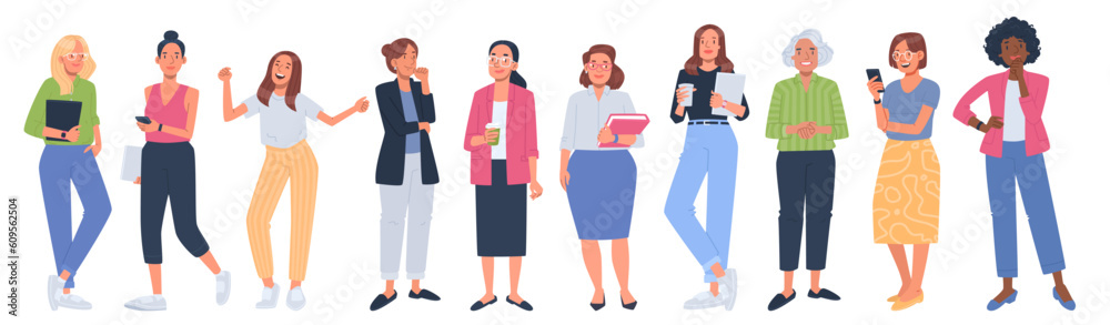 Business women set. Diverse women in business and casual clothes with phones, laptops and notebooks. Female office workers Business women set. Diverse women in business and casual clothes with phones, laptops and notebooks. Female office workers