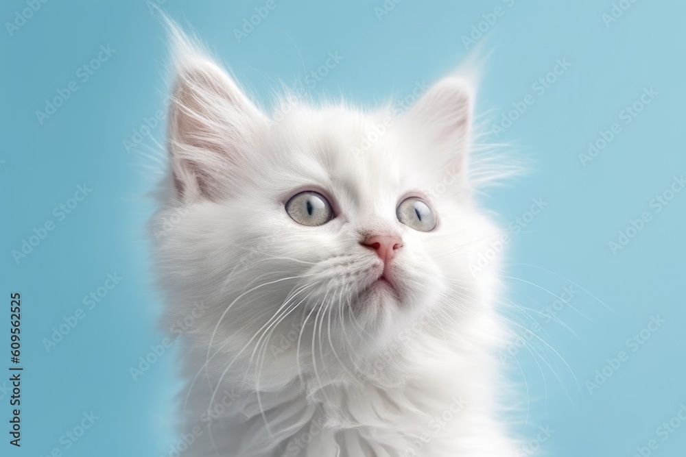 Fluffy white kitten on light blue background with copy space. Generative AI Fluffy white kitten on light blue background with copy space. Generative AI