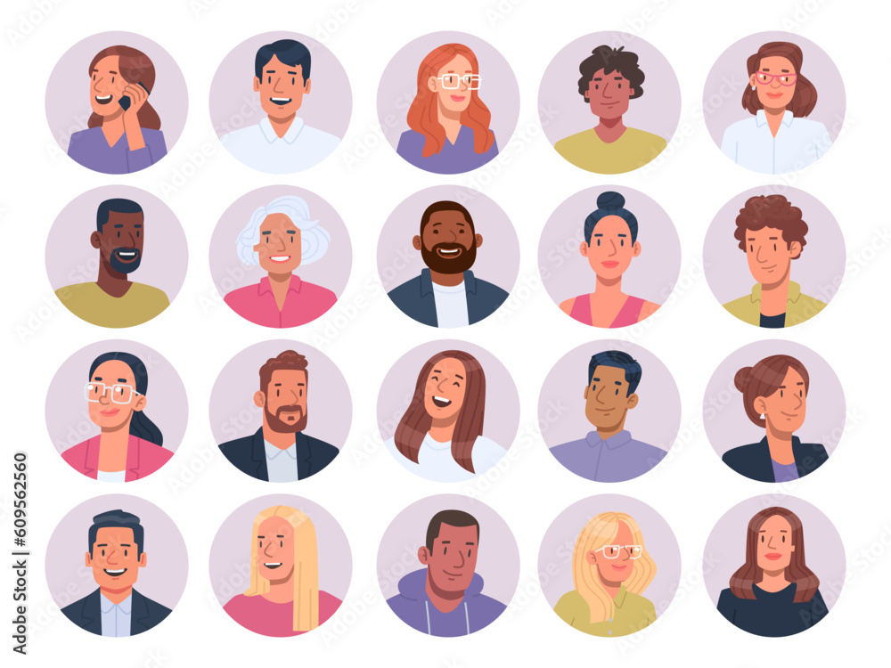 Avatars of business men and women, office workers. Set of business people portraits in circles background Avatars of business men and women, office workers. Set of business people portraits in circles background