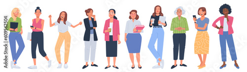 Business women set. Diverse women in business and casual clothes with phones, laptops and notebooks. Female office workers