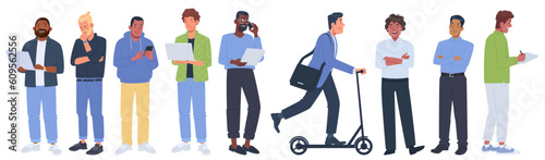 Men of different ages and races in business and casual outfits busy with any activity