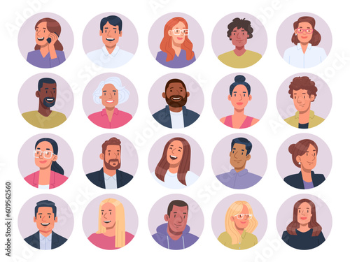 Avatars of business men and women, office workers. Set of business people portraits in circles background