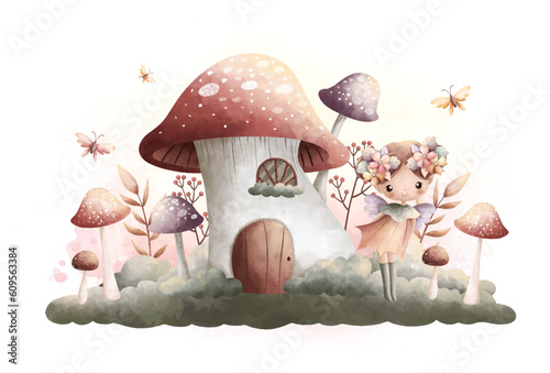 Watercolor Illustration beautiful fairy with mushroom house in vinage color