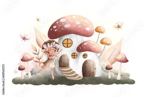 Watercolor Illustration beautiful fairy with mushroom house in vinage color
