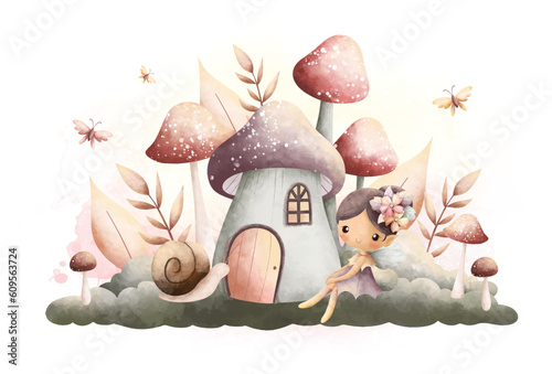 Watercolor Illustration beautiful fairy with mushroom house in vinage color