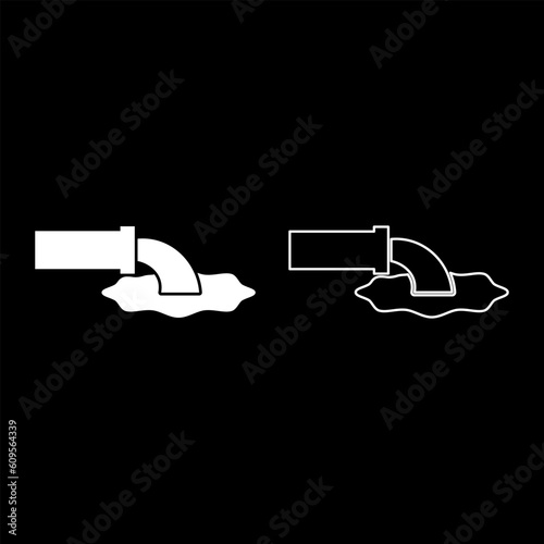 Wastewater fluid is leaking from pipe with water drainage industry to runoff sewer concept cleaning set icon white color vector illustration image solid fill outline contour line thin flat style