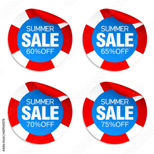 Summer sale red stickers set 60%, 65%, 70%, 75% off discount with lifebuoy