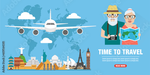 Time to travel. Journey of grandparents concept design flat banner