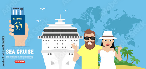 Sea cruise. Journey of young couple concept design flat banner