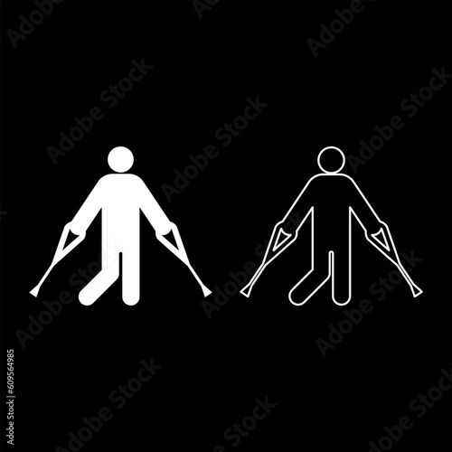 Man with crutchs crutches broken leg in cast gypsum bone injury fracture set icon white color vector illustration image solid fill outline contour line thin flat style