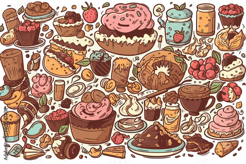 Doodle Cartoon Drawn food sweet watercolor vector illustration.