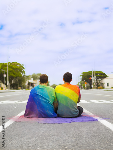 Boys couple with rainbow colored shirt.. Concept of LGBT pride. AI generated