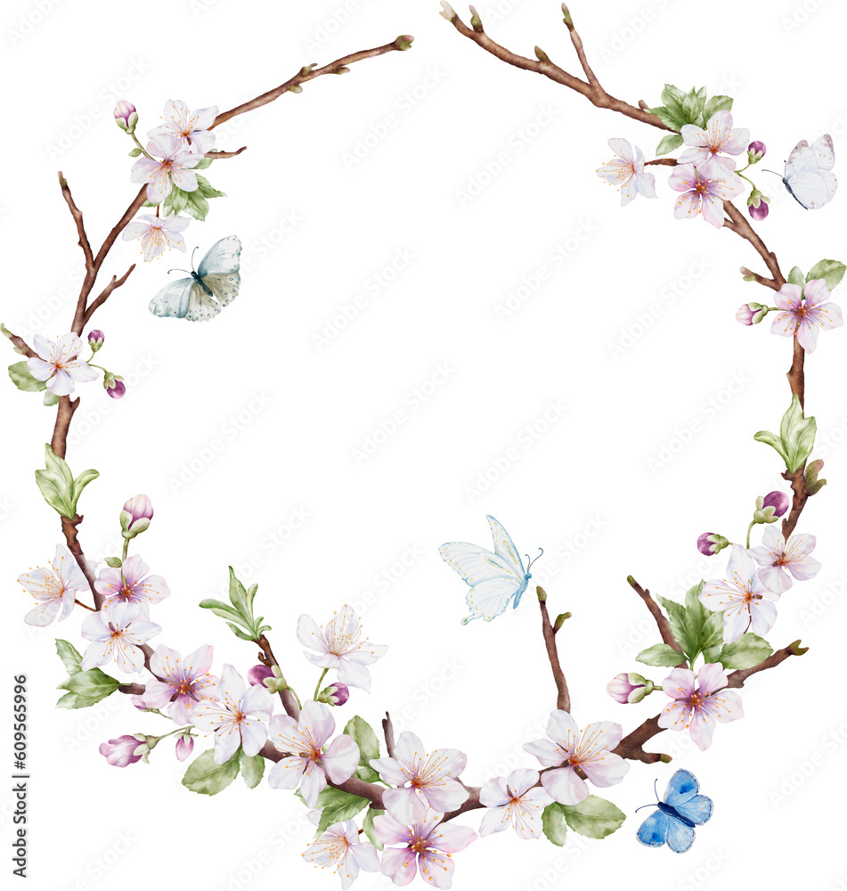 Watercolor cherry blossom wreath and butterflies