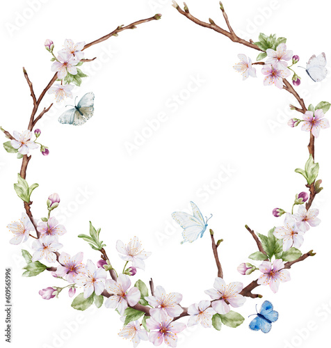 Watercolor cherry blossom wreath and butterflies © Artnizu