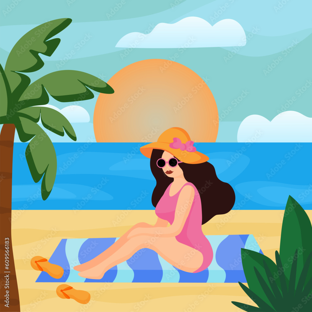Girl on the beach of the island. Woman is sunbathing in swimsuit and glasses on the sand, flip flops nearby. Vector flat illustration of sea vacation, sun shining, palm tree