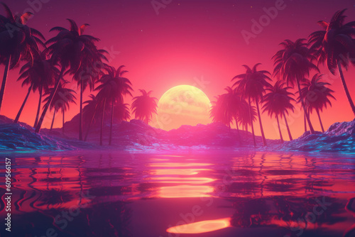 Landscape of tropical beach background. Retro tone color style. Summer vacation concept. Generative ai.