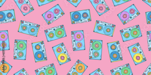 Audio cassette pattern. 2000s audio cassette. Y2k wallpaper. CD disk for boombox. Retro background. Nostalgia for the 90s and 2000s.
