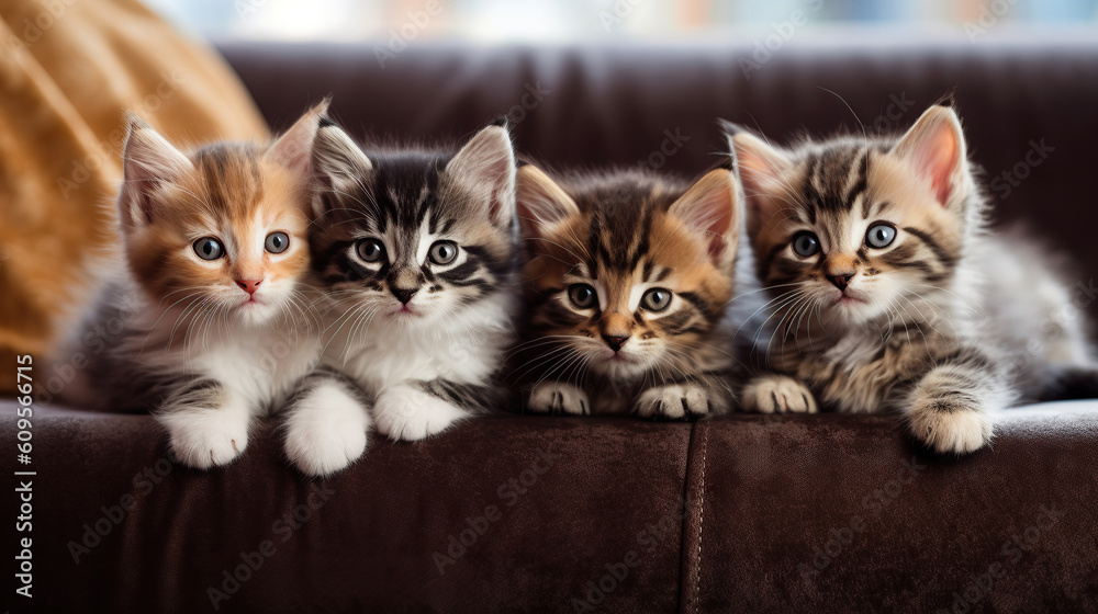 Four adorable colorful  kittens on the couch