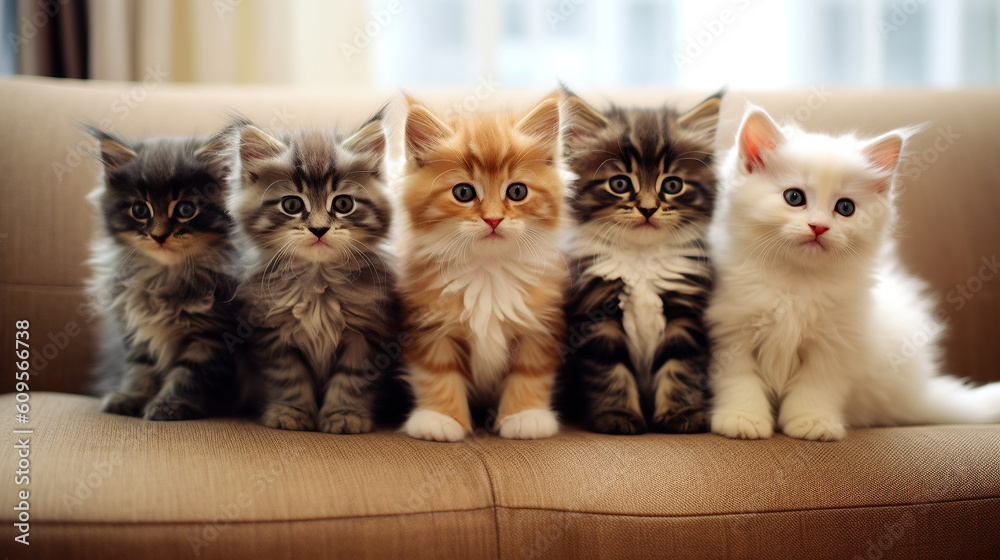 Five adorable colorful  kittens on the couch - obrazy, fototapety, plakaty 