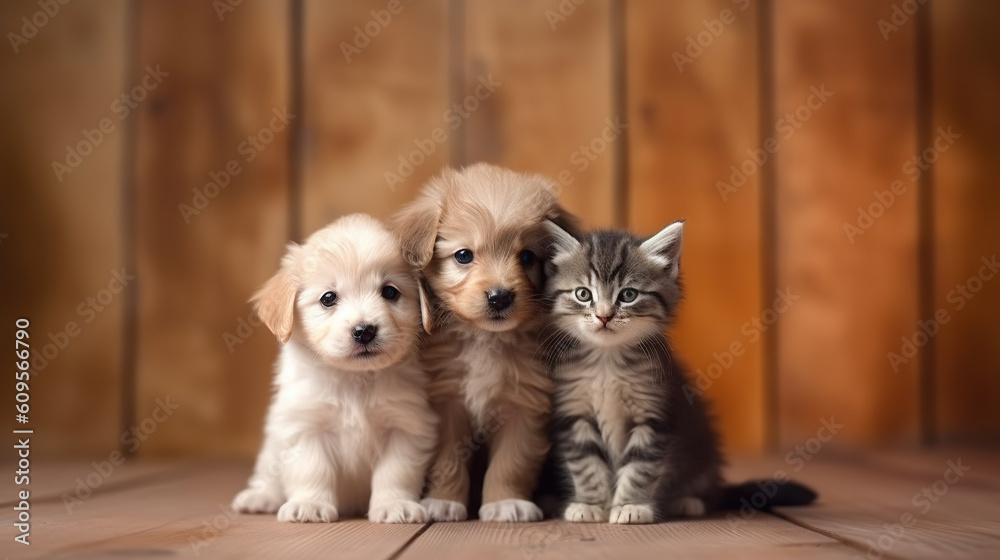 Adorable kitten and cute two puppys - obrazy, fototapety, plakaty 