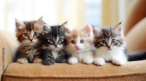 Four adorable colorful kittens on the couch