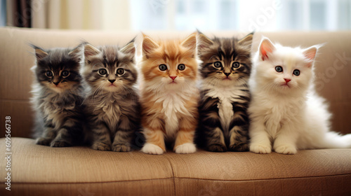 Tela Five adorable colorful  kittens on the couch