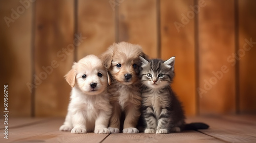 Adorable kitten and cute two puppys photo