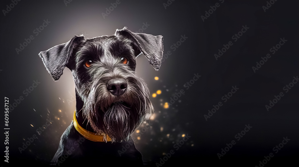 black schnauzer, photorealistic portrait of cute dog, banner with copy space, made with Generative AI