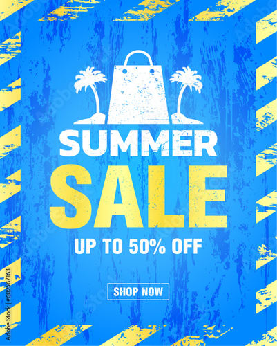Summer sale 50% off discount, grunge design style blue banner