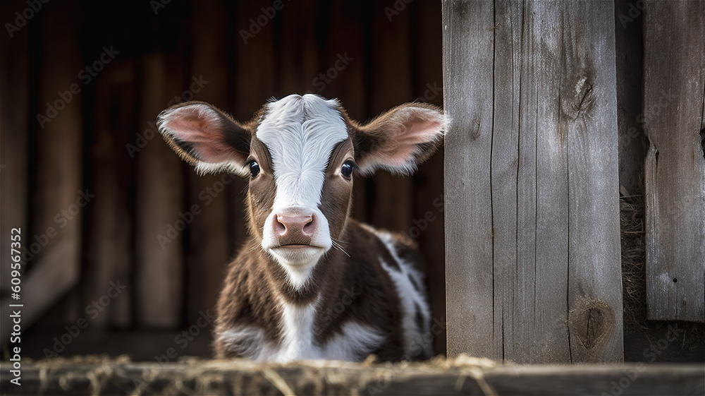 Obraz premium Generative AI Illustration of a Young Calf on a Farm in a Barn