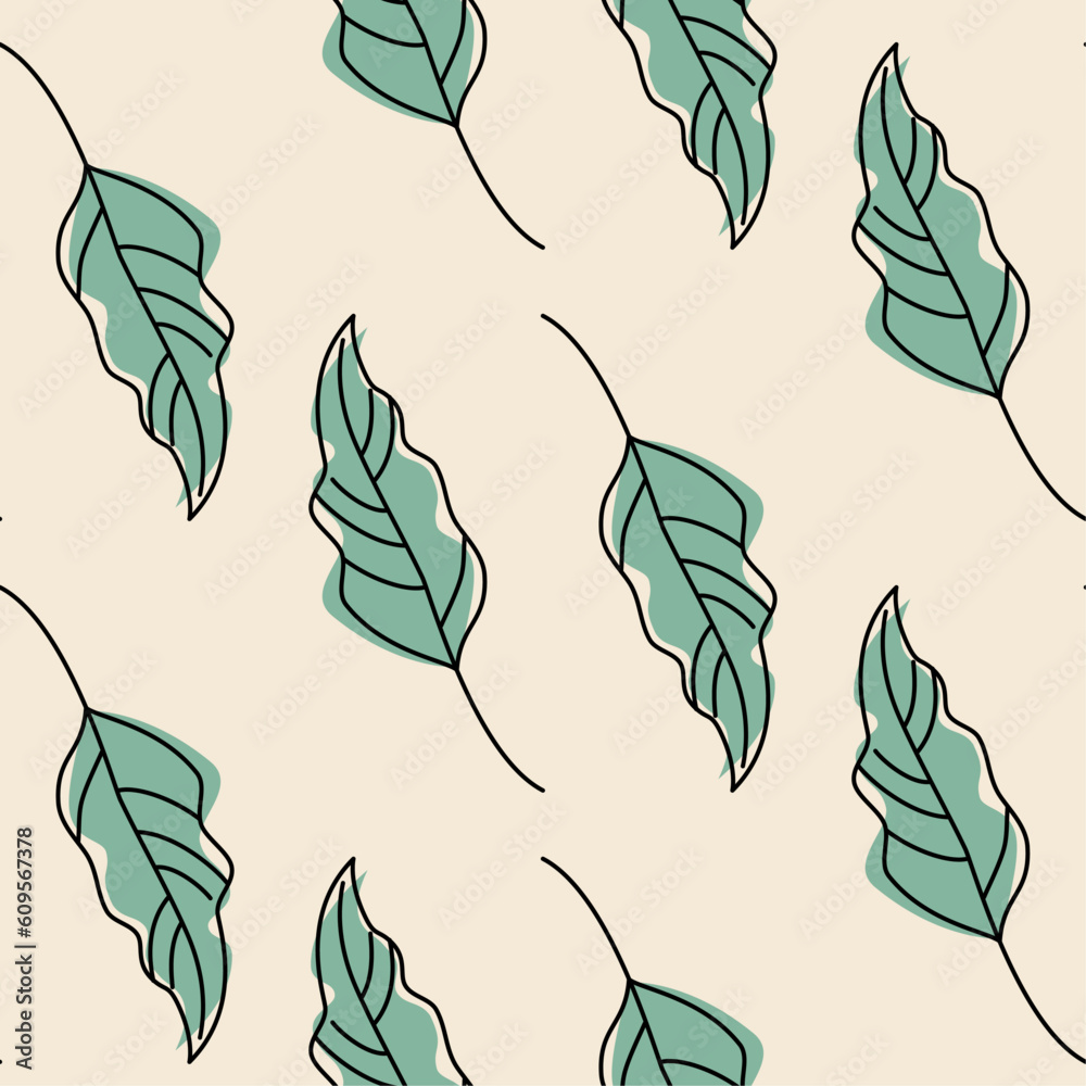 Seamless pattern with
green leaves on a light yellow background, freehand vector illustration. Seamless pattern with
green leaves on a light yellow background, freehand vector illustration.