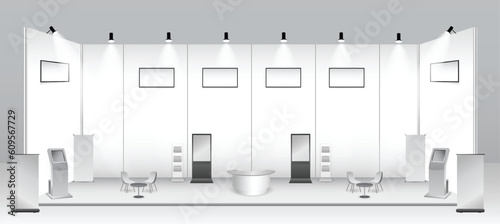 set of realistic trade exhibition stand or white blank exhibition kiosk or stand booth corporate commercial. eps vector