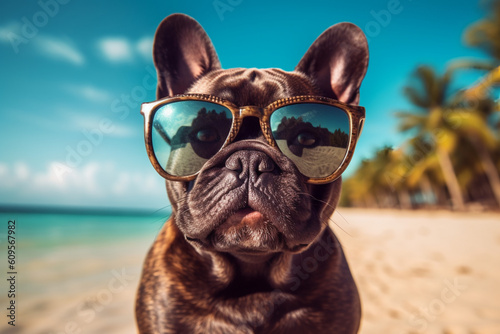 French bulldog wearing sun glasses chilling on the sandy beach at the sea created with AI generative technology © World of AI