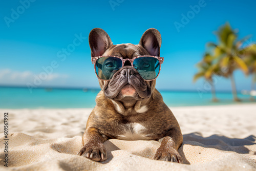 French bulldog wearing sun glasses chilling on the sandy beach at the sea created with AI generative technology © World of AI