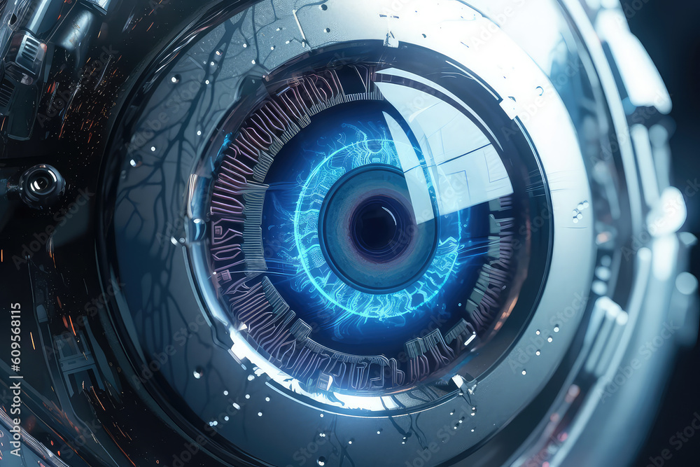 Robot or human eyeball close-up with blue pupil scanning an eye (ai generated) Robot or human eyeball close-up with blue pupil scanning an eye (ai generated)