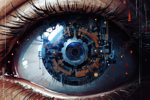 Digital painting of Robot or human eyeball close-up with blue pupil scanning an eye, illustration painting (ai generated)