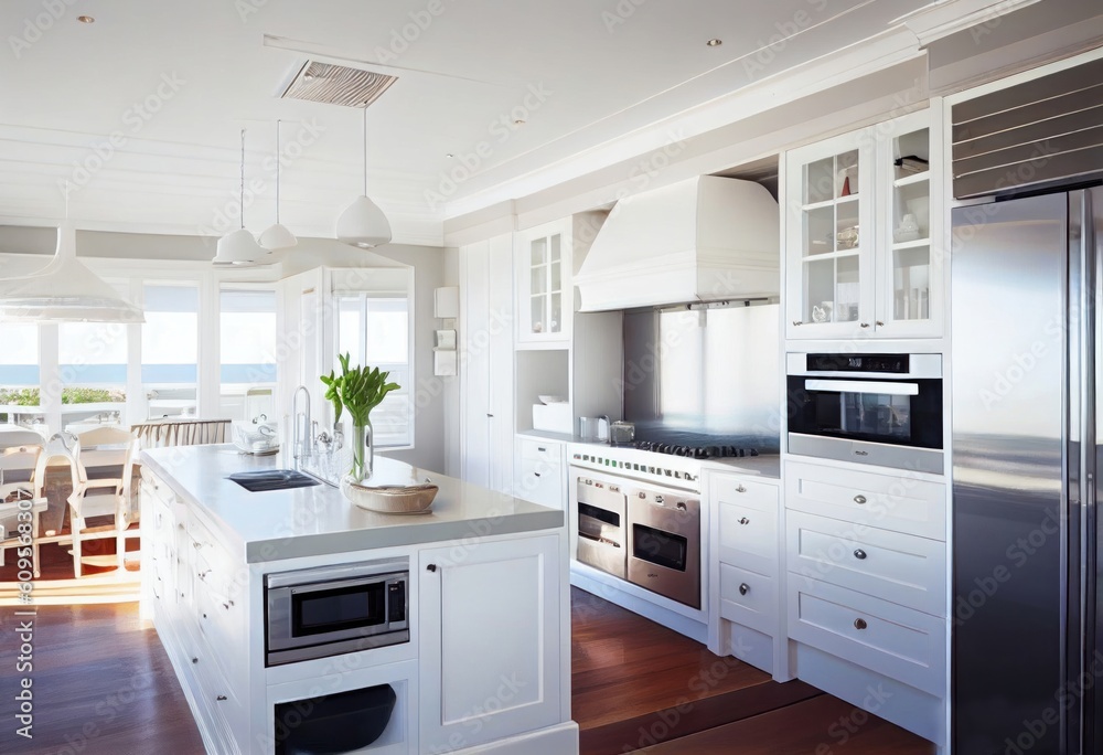 Inside a modern kitchen very bright with natural light. Generative AI.
