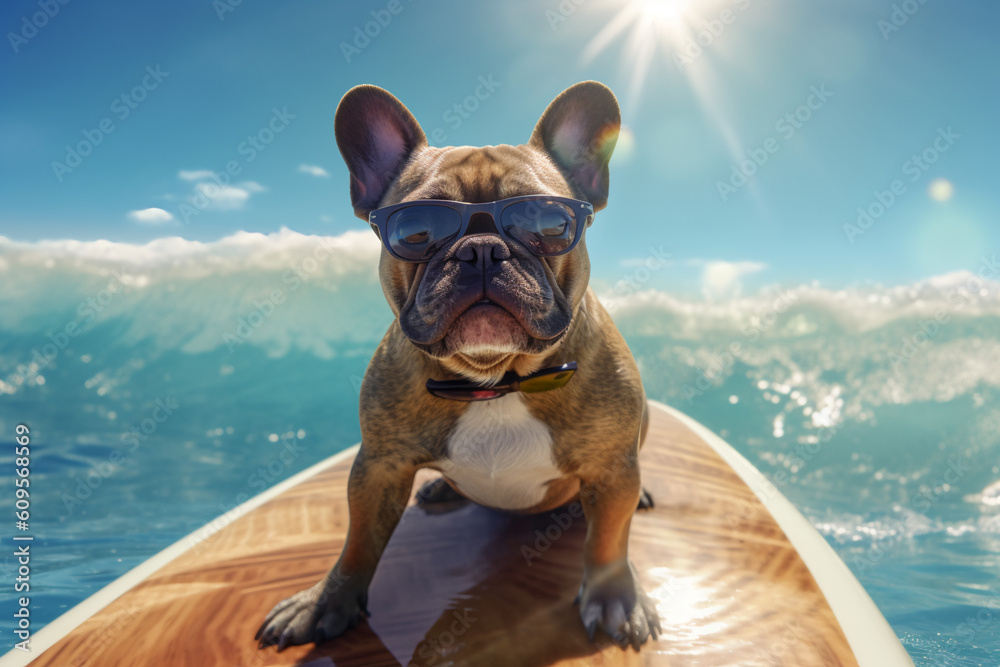 French bulldog wearing sun glasses surfing on a surf board at the sea on a sunny day created with AI generative technology
