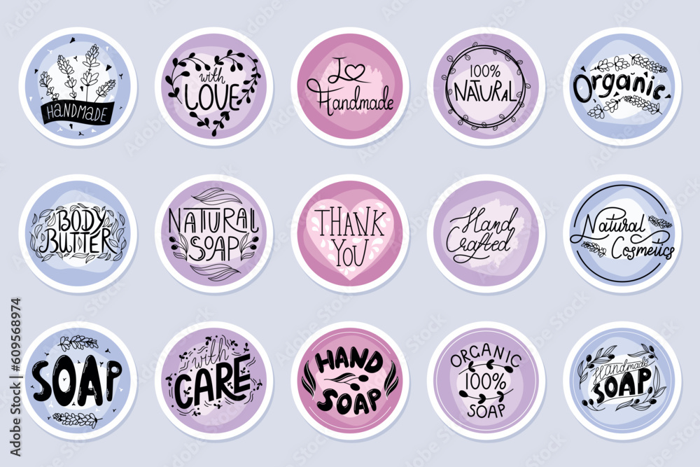 Obraz premium Set of vector isolated round stickers or labels for packaging of natural cosmetics and soaps with lettering. Floral lavender patterns and frames with leaves.