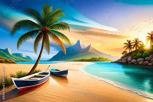 A sea beach with palm trees and fishing boats  created with generative AI.